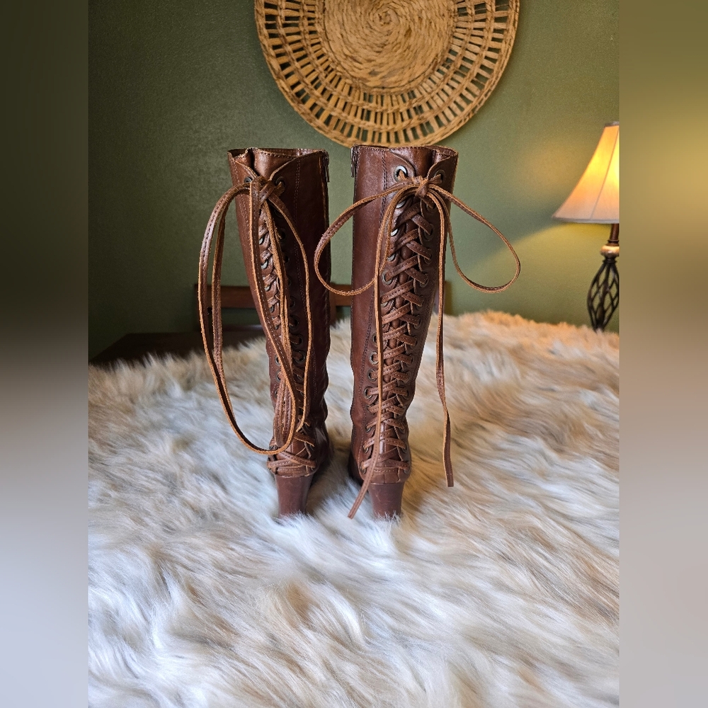 Apepazza Knee High Back Lace Leather Wedge Boots - Picture 6 of 12